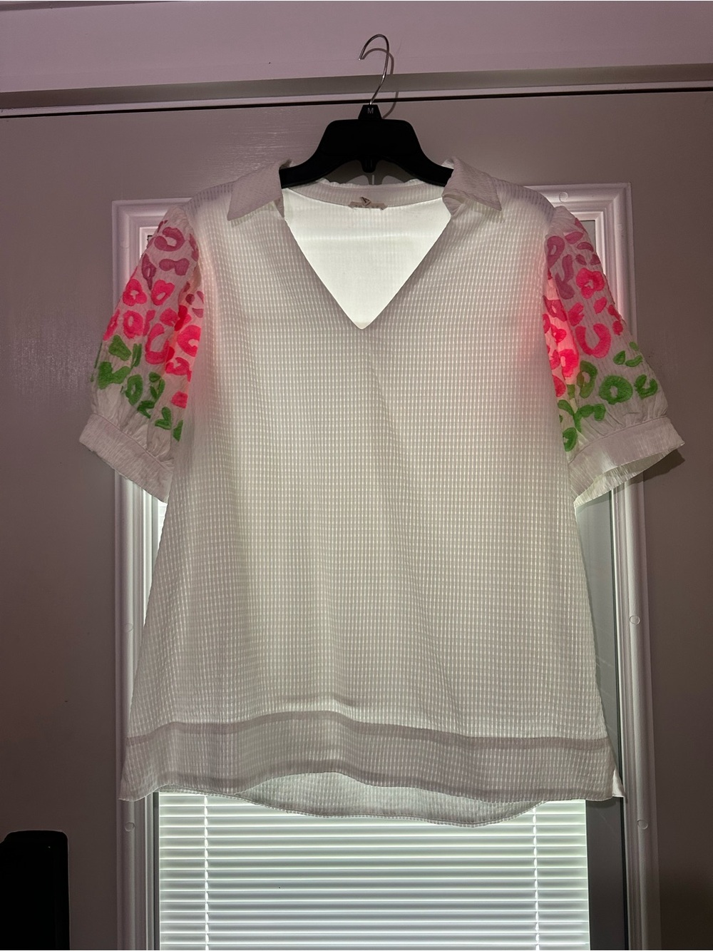 JODIFL White V-Neck Blouse with Neon Pink & Green Floral Sleeves